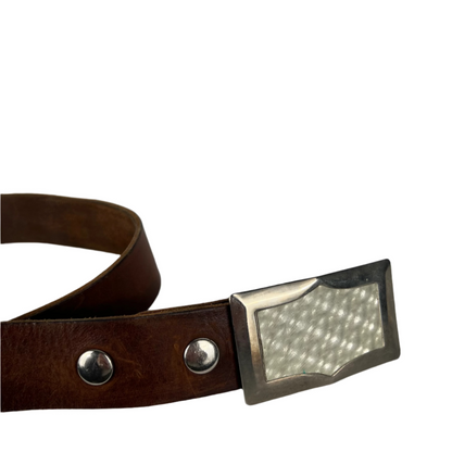 70s Soft Brown Leather Belt w Reflective Buckle- 26"-30"