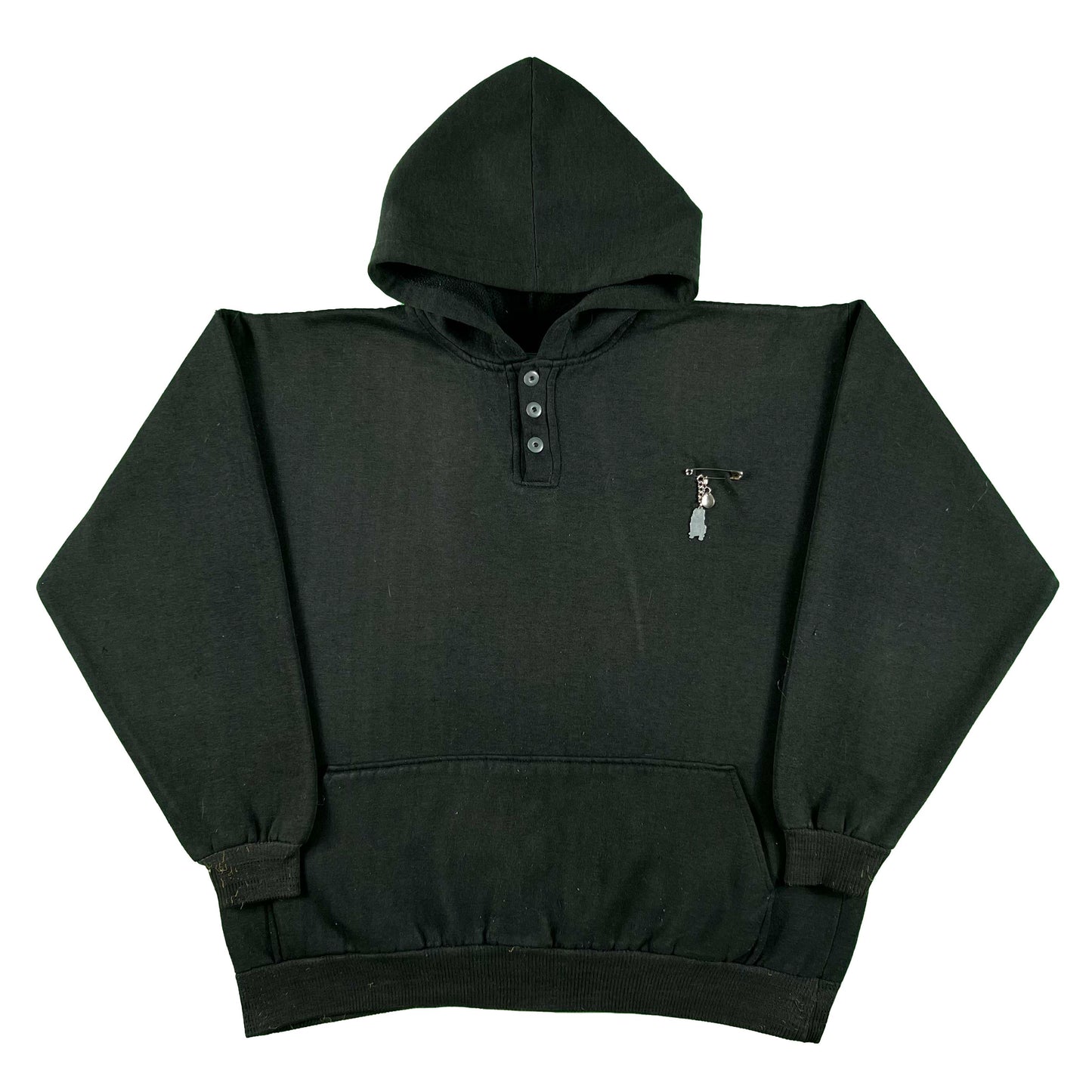 90s Black Henley Dog Charm Hoodie- L