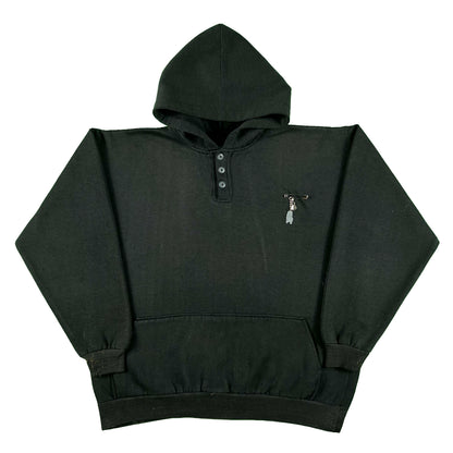 90s Black Henley Dog Charm Hoodie- L