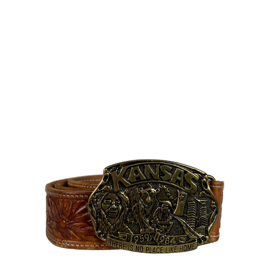 80s Floral Embellished Leather Belt w Kansas Buckle- 36"-40"