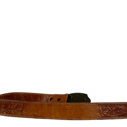 80s Floral Embellished Leather Belt w Kansas Buckle- 36"-40"