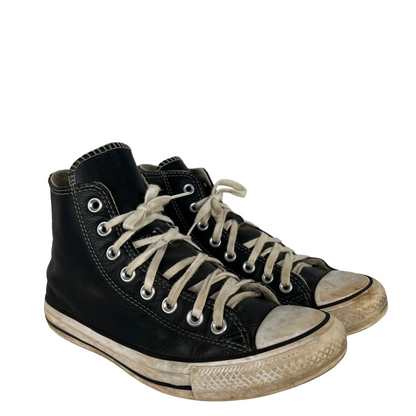 Black Leather High Top Converse- M's 7, W's 8.5