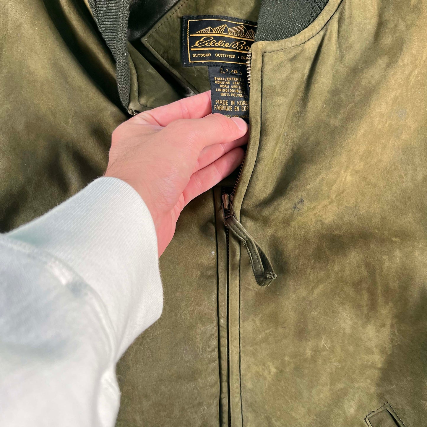 90s Eddie Bauer Olive Green Suede Leather Bomber Jacket- L