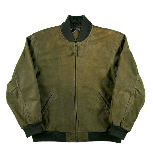 90s Eddie Bauer Olive Green Suede Leather Bomber Jacket- L