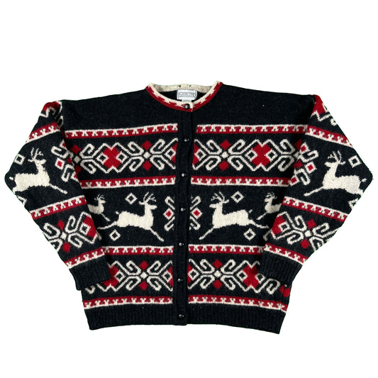 90s Lands' End Shetland Wool Deer Cardigan- L