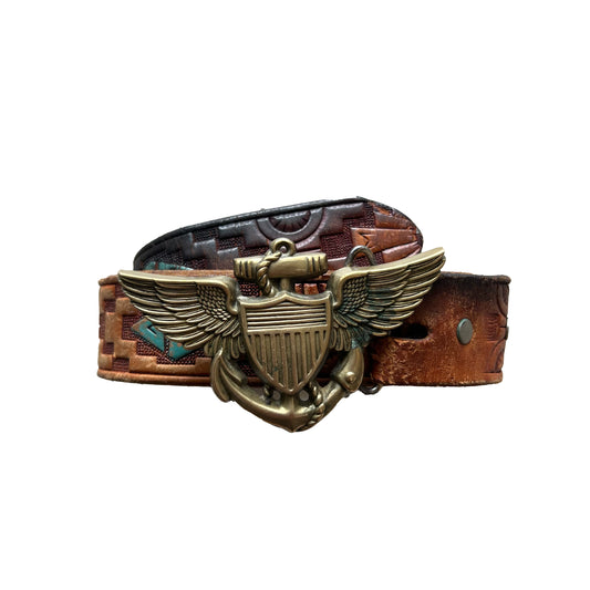 70s Winged Anchor Buckle Aztec Leather Belt- 34"-38"