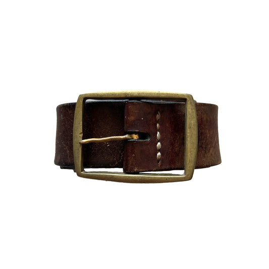 60s Gold Buckle Dark Brown Leather Belt- 28"-32"