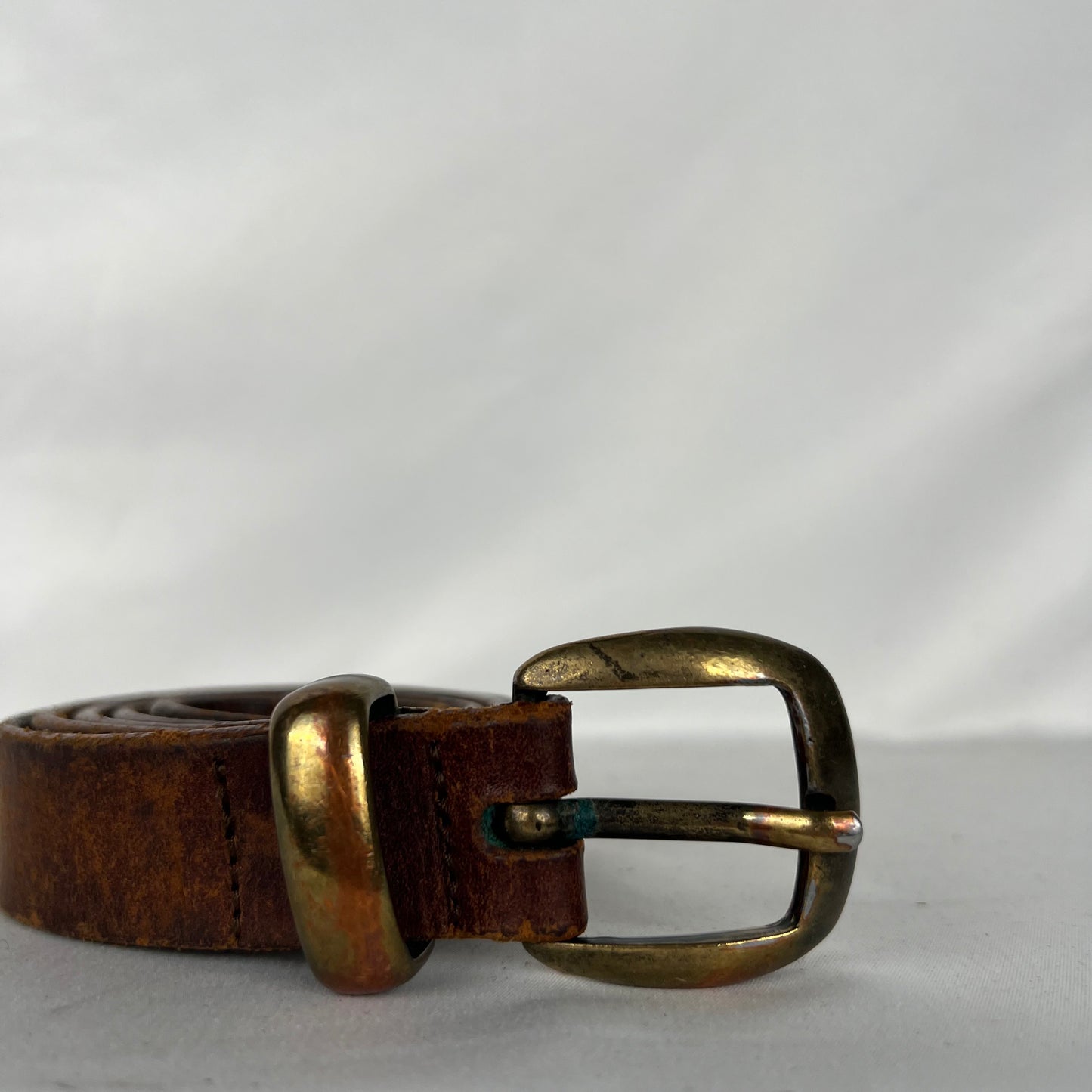 90s 3 Piece Metal Patina Brown Leather Belt- 28"-32"