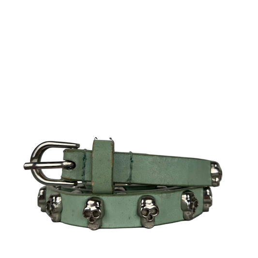 Skull Studded Mint Green Leather Belt- 24"-28"