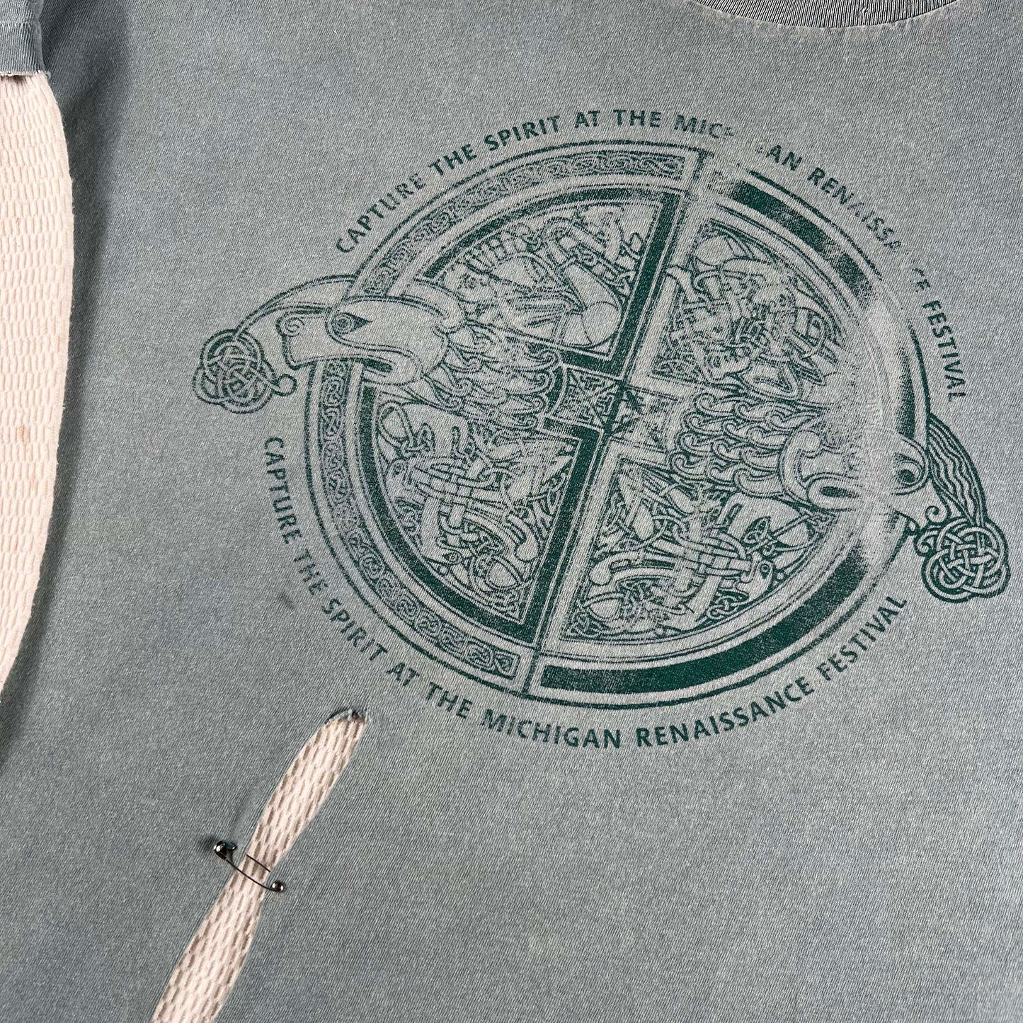 90s Safety Pinned Michigan Renaissance Tee + 80s Waffle Knit Thermal- XL