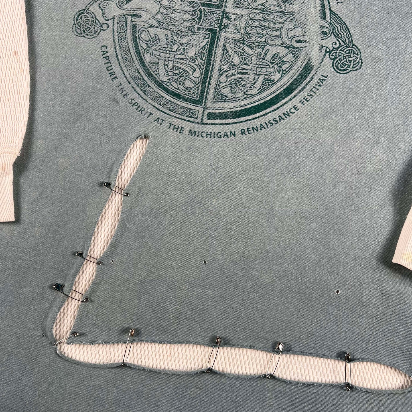 90s Safety Pinned Michigan Renaissance Tee + 80s Waffle Knit Thermal- XL