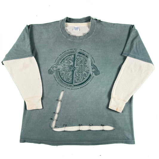 90s Safety Pinned Michigan Renaissance Tee + 80s Waffle Knit Thermal- XL