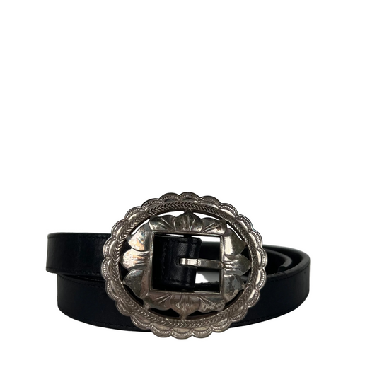 90s Black Leather Belt w Big Detailed Buckle- 24"-28"