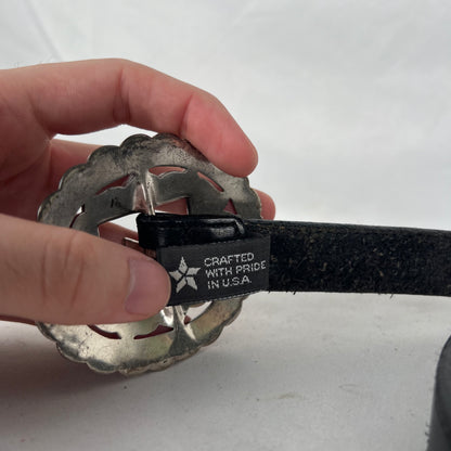 90s Black Leather Belt w Big Detailed Buckle- 24"-28"