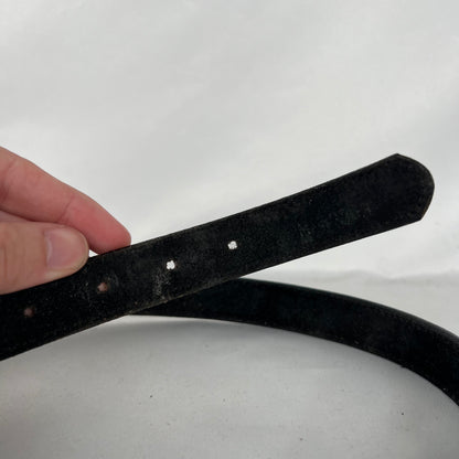 90s Black Leather Belt w Big Detailed Buckle- 24"-28"