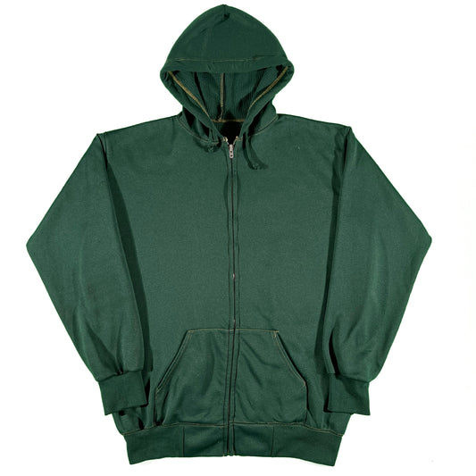 70s Forest Green Thermal Lined Zip Up Hoodie- L