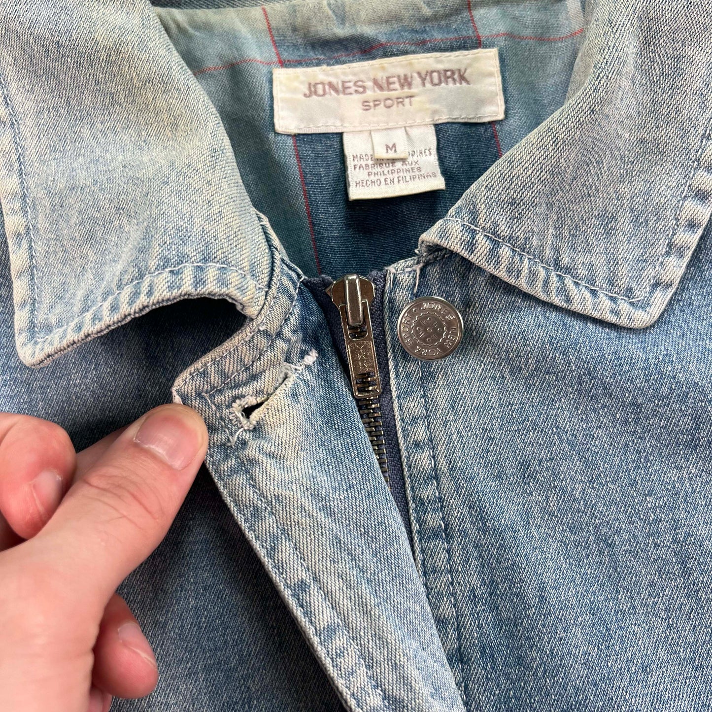 90s/00s Denim Plaid Lined Zip Up Chore Coat- S