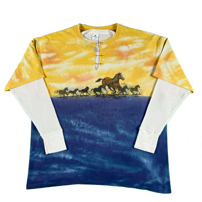 00s Safety Pinned Tie Dye Horse Tee & Waffle Knit Thermal- XXL