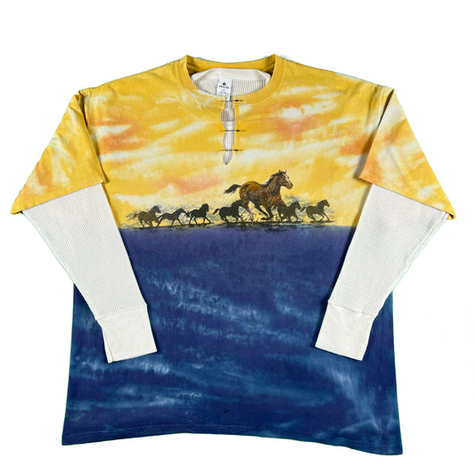 00s Safety Pinned Tie Dye Horse Tee & Waffle Knit Thermal- XXL