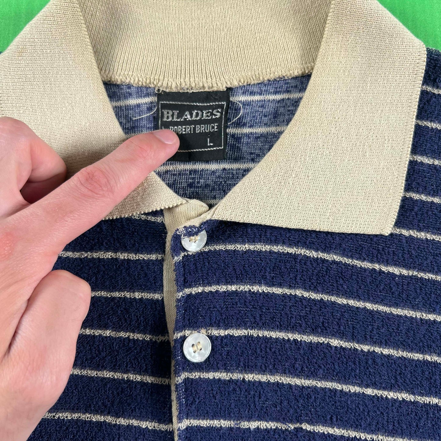 70s Striped 'BLADES' Terry Cloth Polo Shirt- M