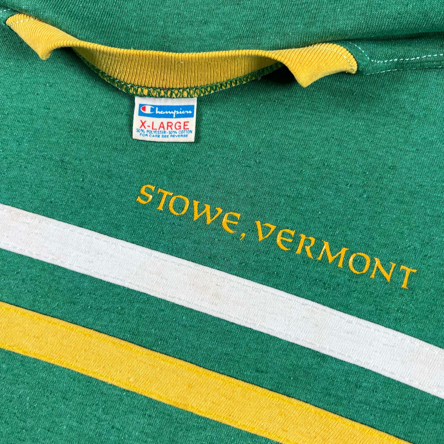 70s Stowe Vermont Champion Blue Bar Tee- L