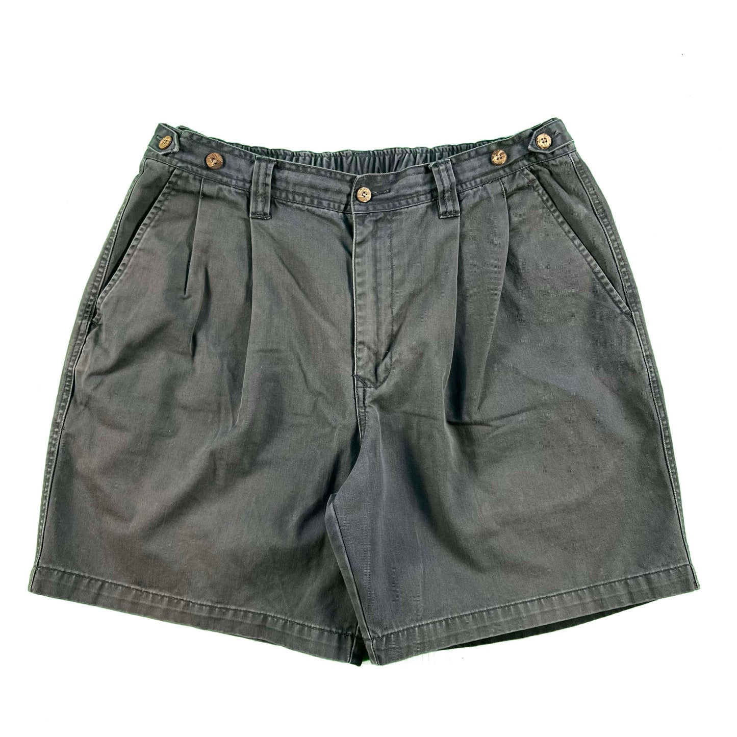 00s Sun Faded Black Pleated Cotton Chino Shorts- 34x6.5
