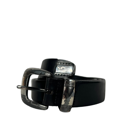 90s 3 Piece Metal Black Leather Belt- 28"-32"