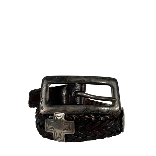 90s Metal Cross Studded Brown Braided Leather Belt-26"-30"