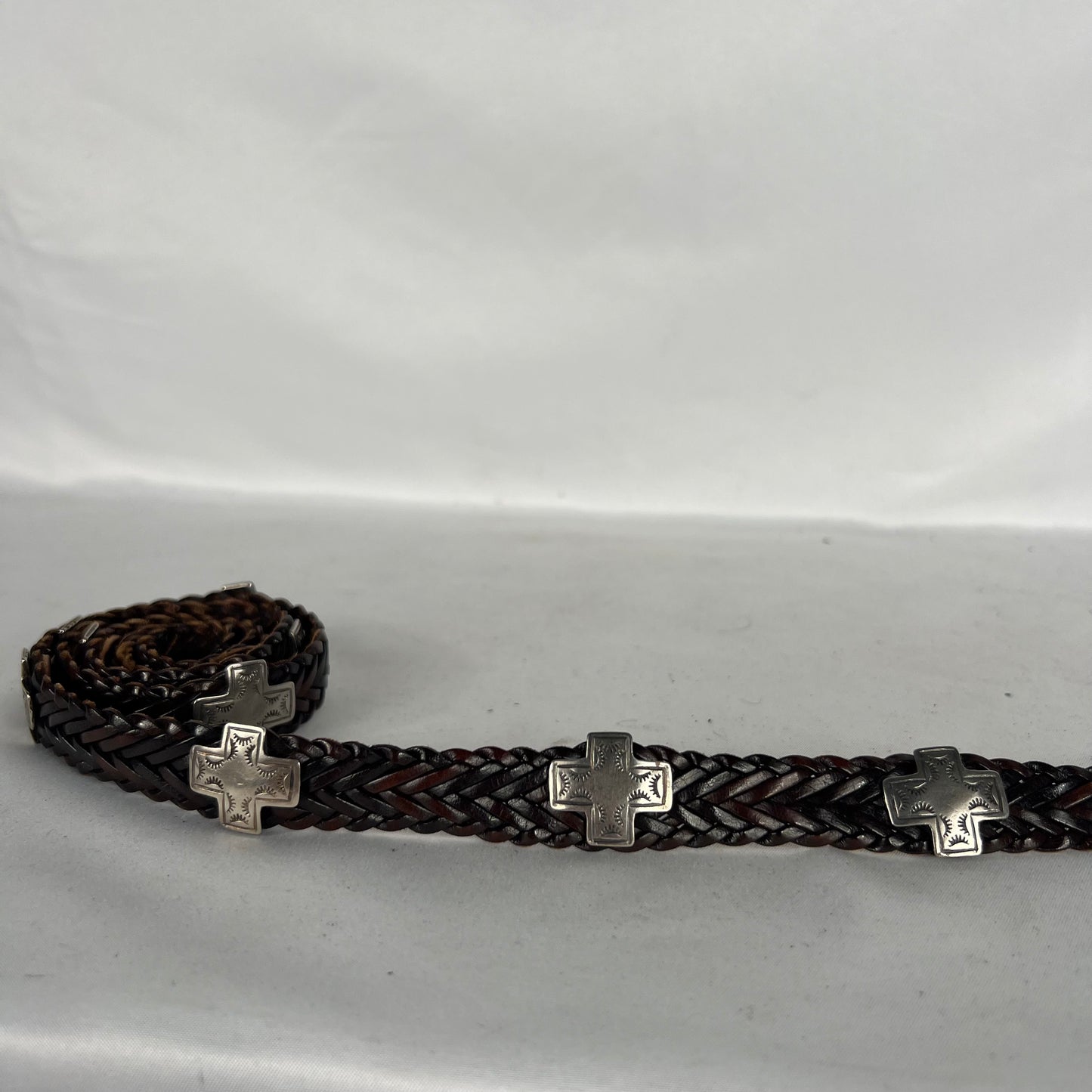 90s Metal Cross Studded Brown Braided Leather Belt-26"-30"