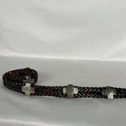 90s Metal Cross Studded Brown Braided Leather Belt-26"-30"