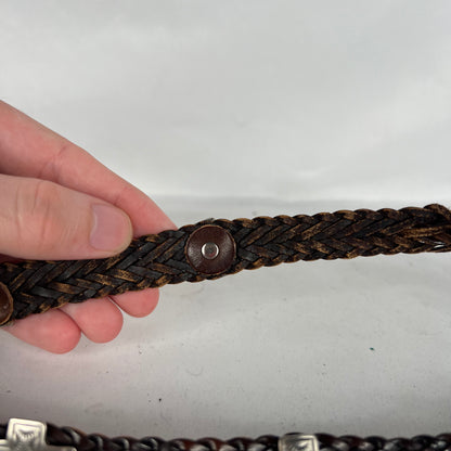 90s Metal Cross Studded Brown Braided Leather Belt-26"-30"