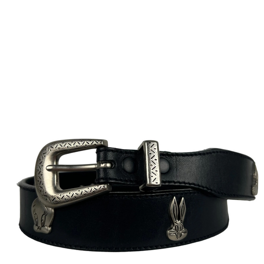 90s Metal Studded Looney Tunes Black Leather Belt- 26"-30"