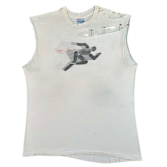 80s Tattered & Safety Pinned 'Run for the Olympics' Tank- XL