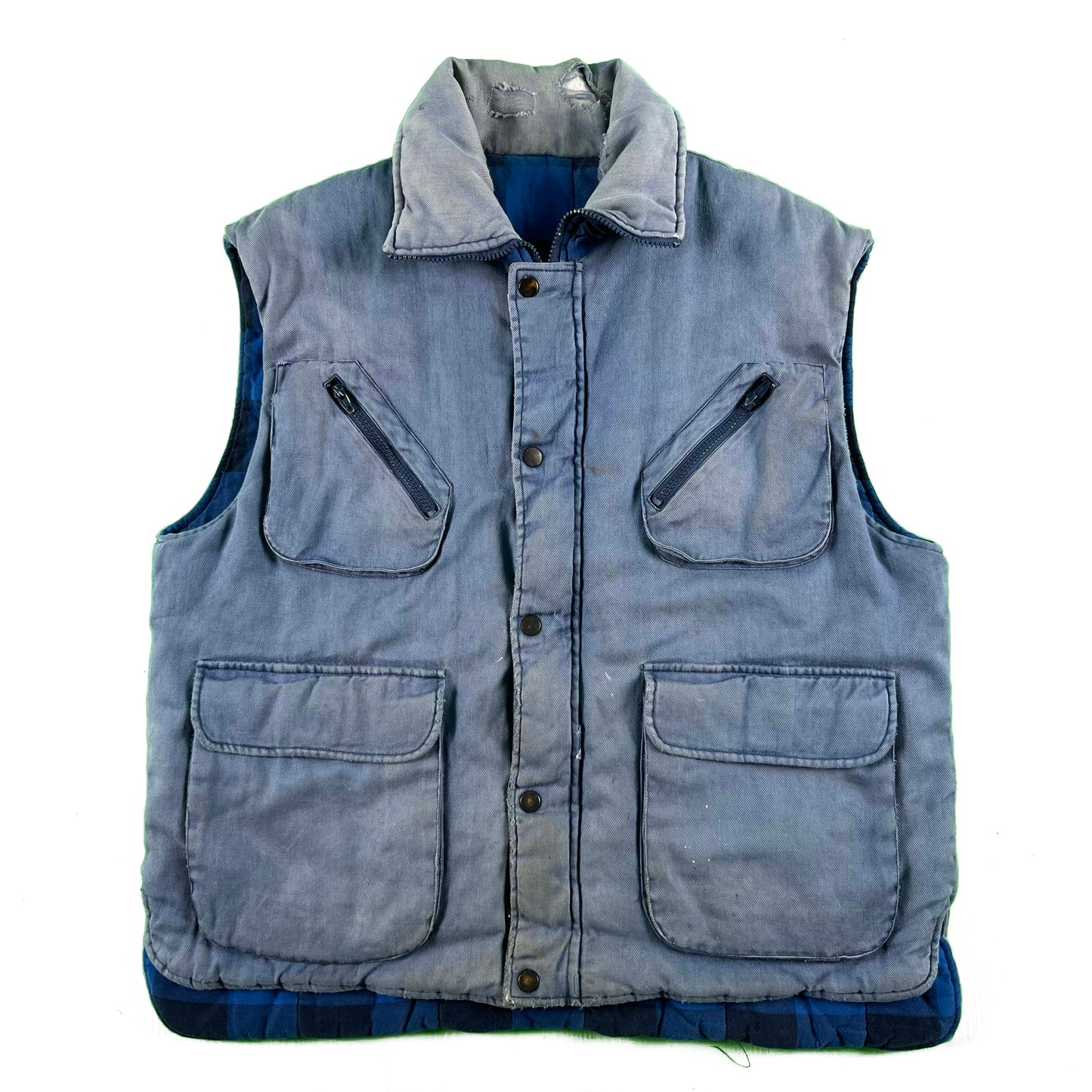 90s Sun Faded Plaid Lined Utility Vest- XL