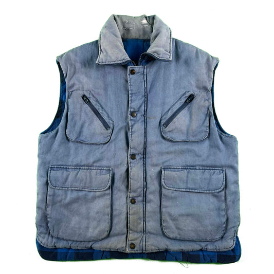 90s Sun Faded Plaid Lined Utility Vest- XL