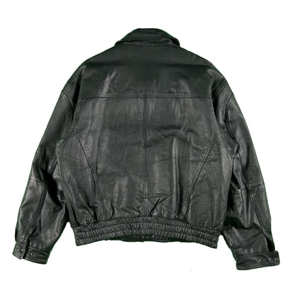 00s Boxy Black Leather Biker Jacket- L