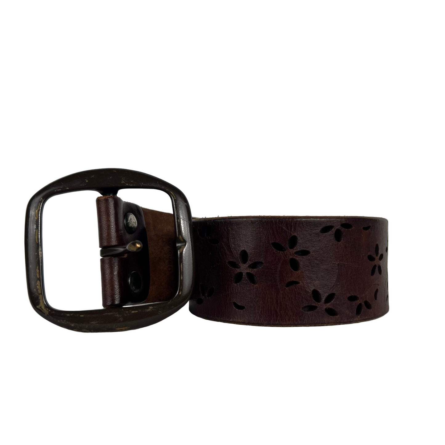 90s Floral Cut Out Brown Leather Belt- 24"-28"