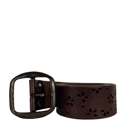 90s Floral Cut Out Brown Leather Belt- 24"-28"