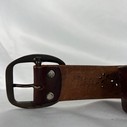 90s Floral Cut Out Brown Leather Belt- 24"-28"
