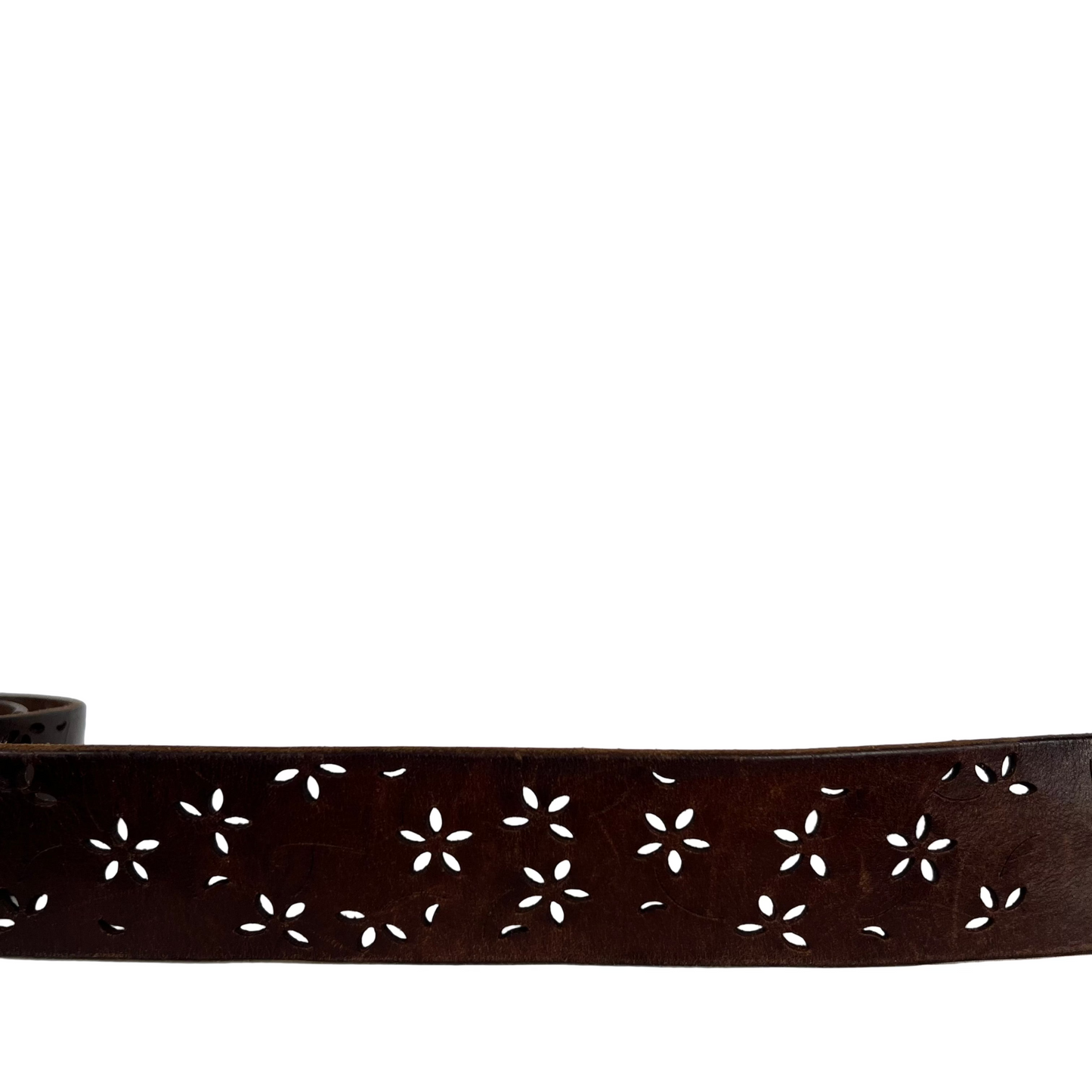 90s Floral Cut Out Brown Leather Belt- 24"-28"