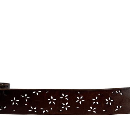 90s Floral Cut Out Brown Leather Belt- 24"-28"