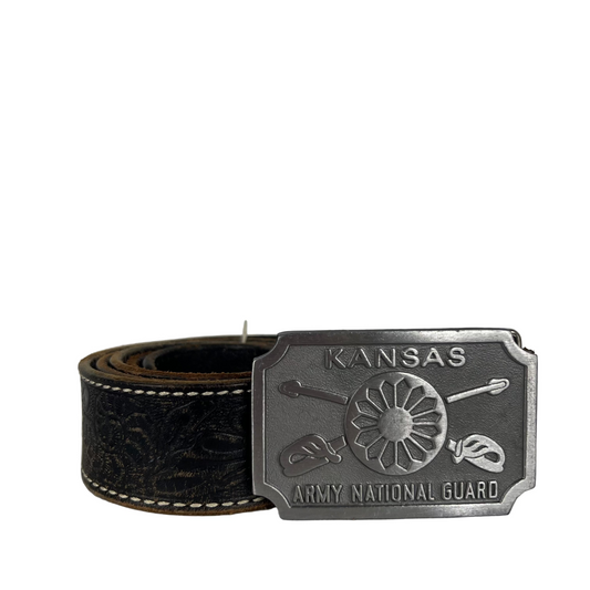 80s Embellished Black Leather Belt w Kansas Buckle- 32"-36"