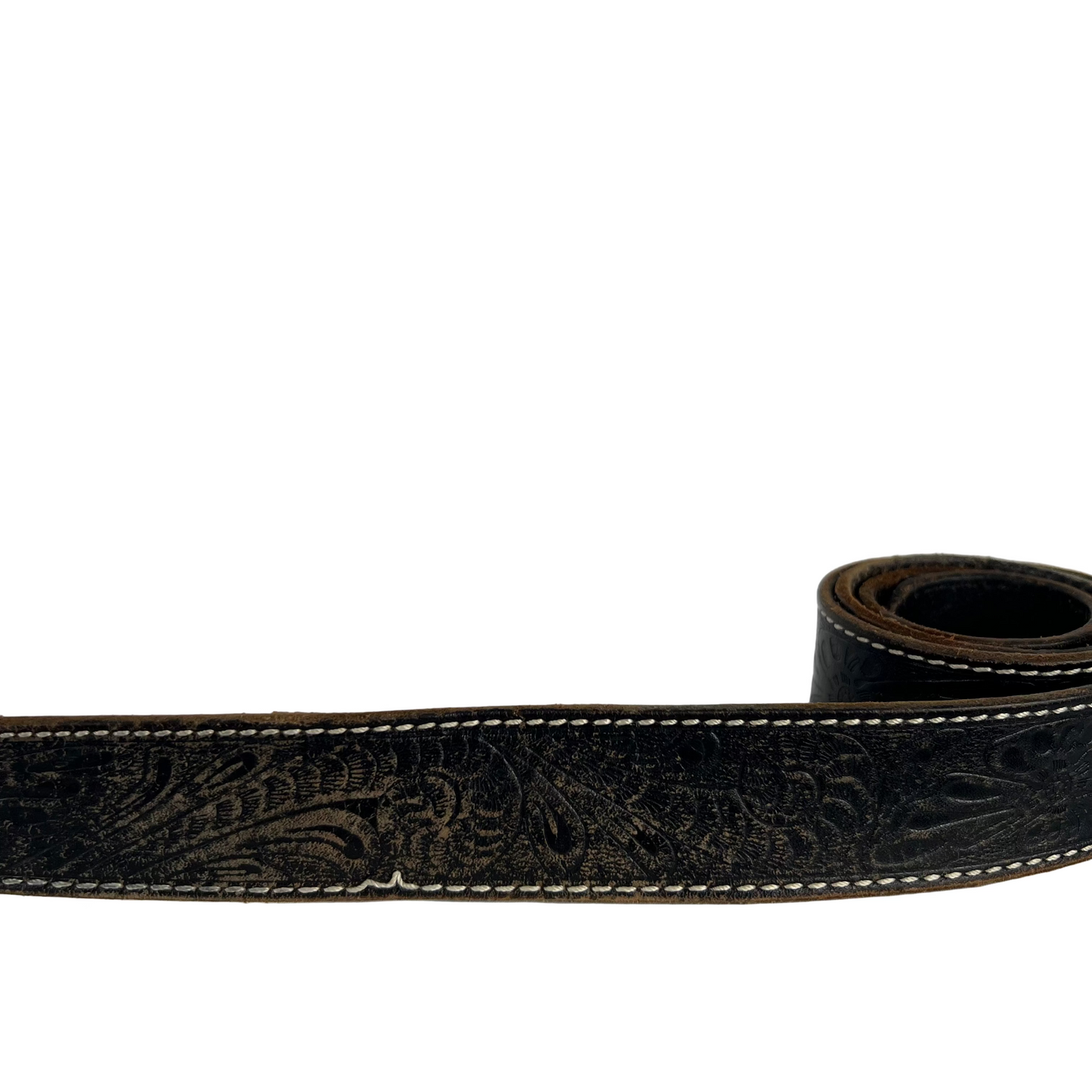 80s Embellished Black Leather Belt w Kansas Buckle- 32"-36"