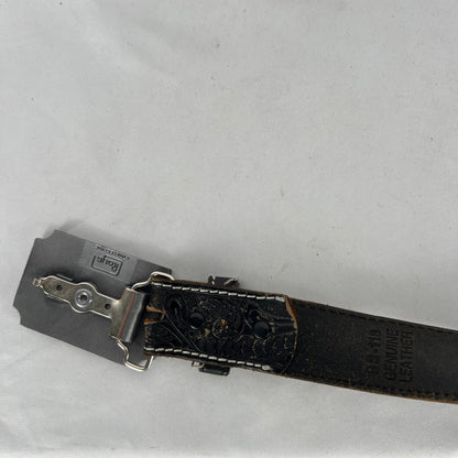 80s Embellished Black Leather Belt w Kansas Buckle- 32"-36"