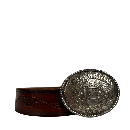 80s Detailed Brown Leather Belt w Justin Buckle- 32"-36"