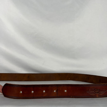 80s Detailed Brown Leather Belt w Justin Buckle- 32"-36"