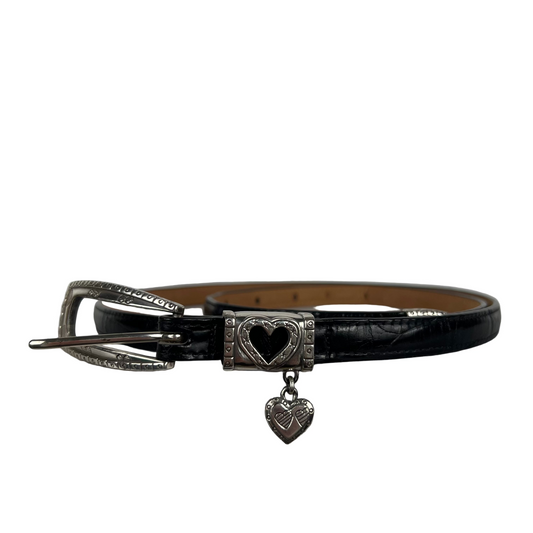 90s Thin Black Leather Belt w Heart Charm Buckle- 32"-36"