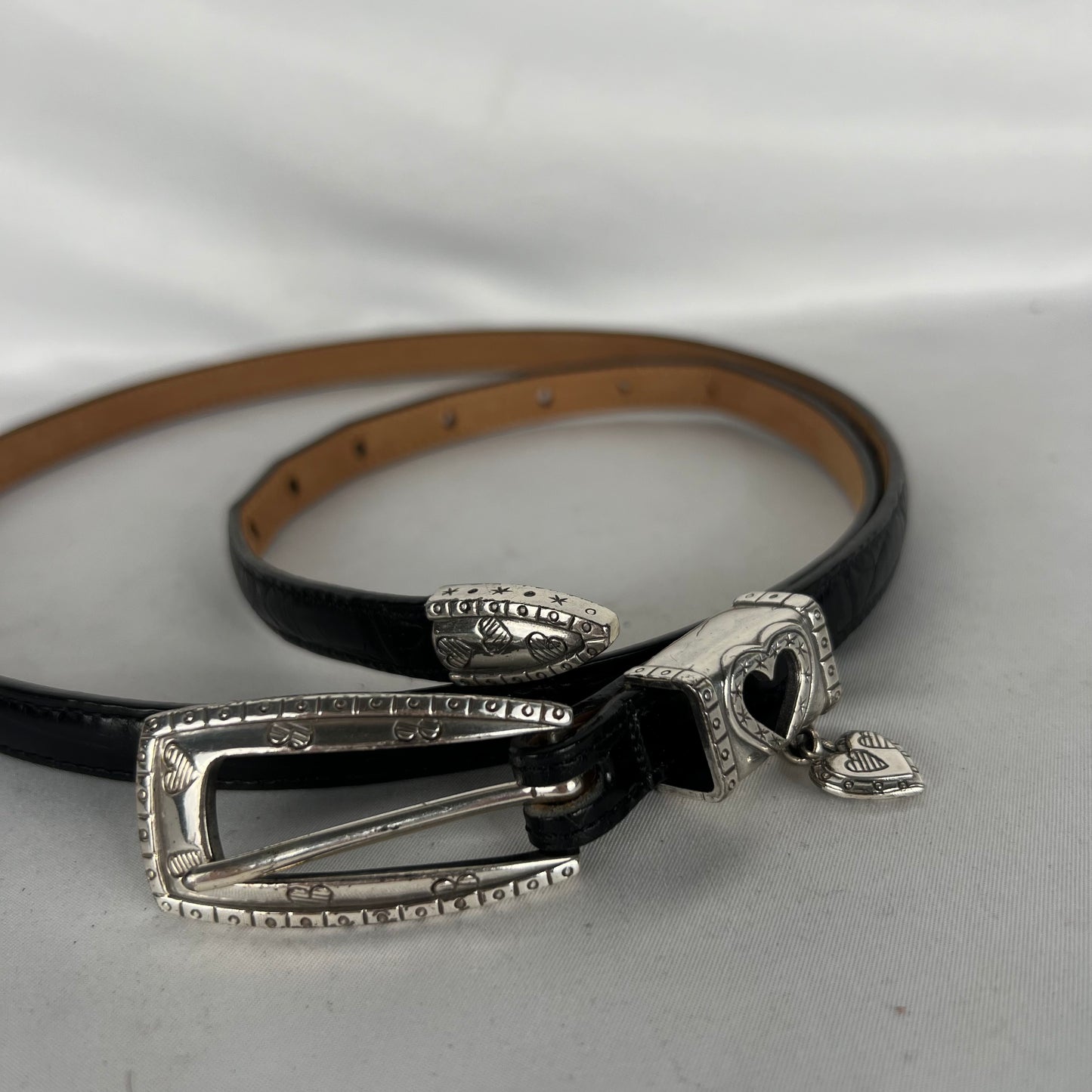 90s Thin Black Leather Belt w Heart Charm Buckle- 32"-36"