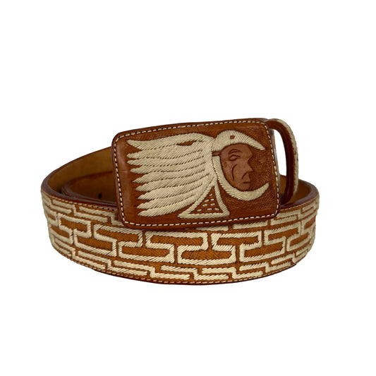70s Cream and Tan Native Embroidered Belt- 36"-40"