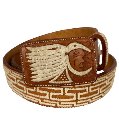 70s Cream and Tan Native Embroidered Belt- 36"-40"